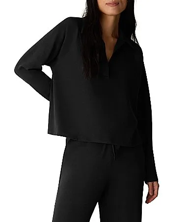 Johnny Collar Long Raglan Sleeve Cozy Brushed Terry Hug Short Top by Eileen Fisher