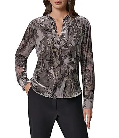 Woven Velvet Abstract Burnout V-Neck Long Sleeve Sweater Top by Donna Karan