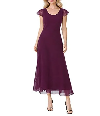 Georgette Short Sleeve Scoop Neck Midi Dress by Oleg Cassini