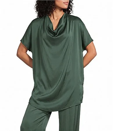 Diana Satin Woven Cowl Drape Neck Cap Dolman Sleeve Low-High Hem Coordinating Tunic by Bryn Walker
