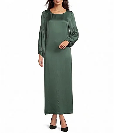 Satin Woven Round Neck 34 Sleeve Lanterna Dress by Bryn Walker