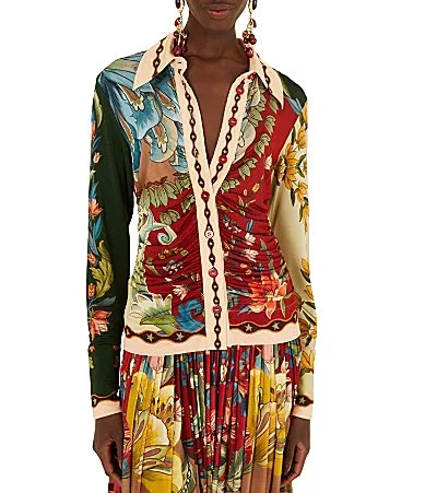 Lunar Boho Multicolor Printed Collared Long Sleeve Button Front Jersey Blouse by FARM Rio