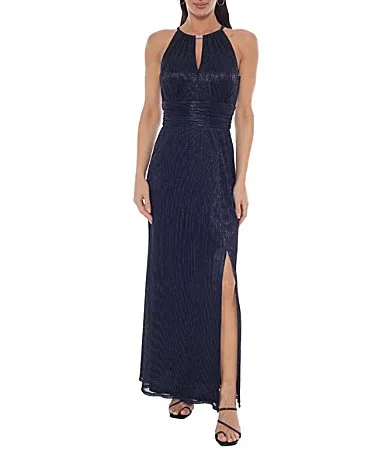 Halter Neck Pleated Metallic Knit Long Dress by Oleg Cassini