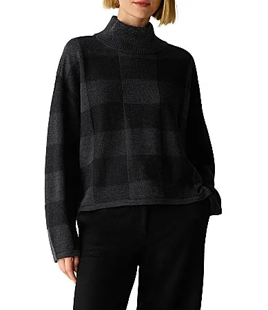 Fine Merino Check Wool Ribbed Turtleneck Long Sleeve Sweater by Eileen Fisher