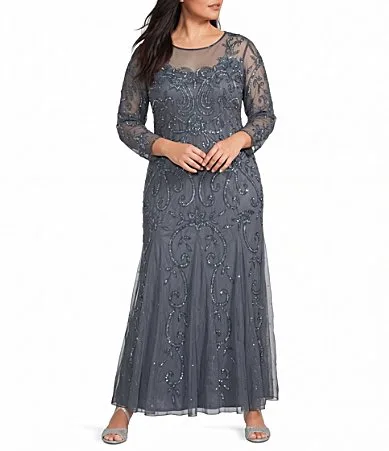 3/4 Sleeve Mesh Beaded Gown with Godets by Pisarro Nights
