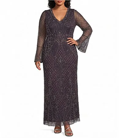 Allover Beaded Mesh Long Bell Sleeve Dress by Pisarro Nights