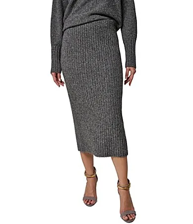 Ribbed Knit Wool Blend Midi Length Pull-On Skirt by Donna Karan