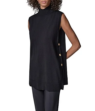 Woven Fine Merino Wool Mock Neck Cap Sleeve Sweater Tunic