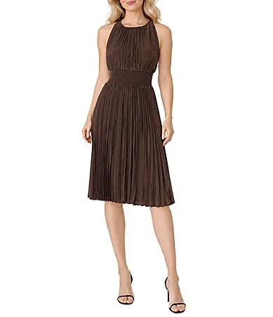 Smock Waist Pleated Midi Dress by Oleg Cassini