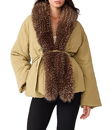 Millarca Faux Fur Trimmed High Neck Long Sleeve Belted Peplum Puffer Jacket by Steve Madden