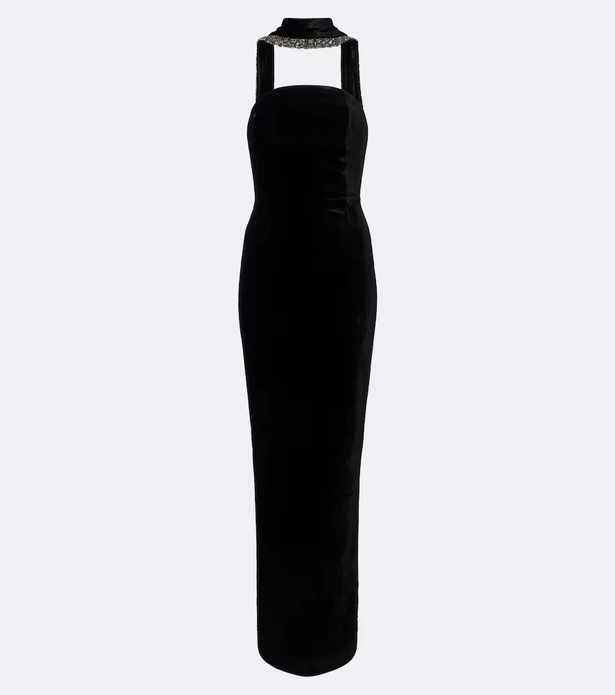 Embellished Halterneck Velvet Gown