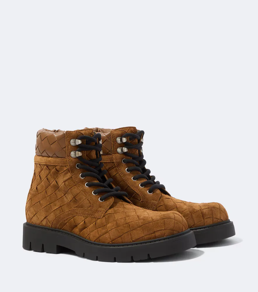 Haddock Intrecciato Suede Lace-Up Boots by Bottega Veneta