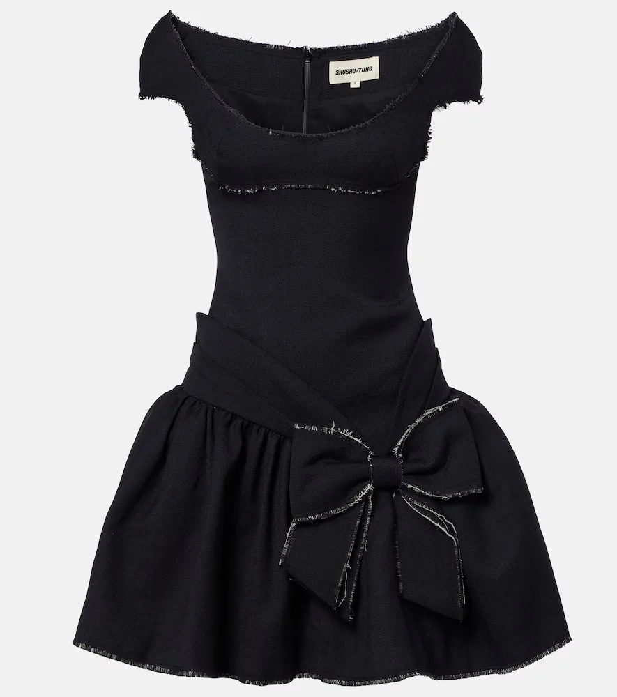 Bow-Detail Distressed Tweed Minidress by Shushutong