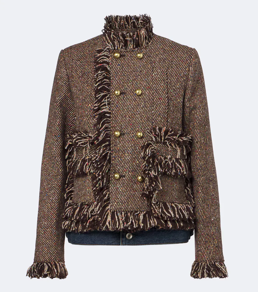 Fringed Tweed and Denim Jacket by Sacai