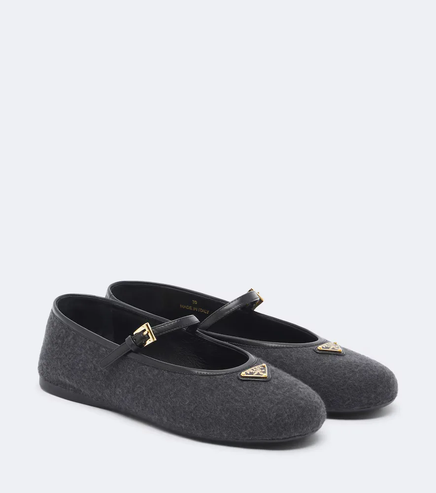 Leather-Trimmed Cashmere Mary Jane Flats by Prada