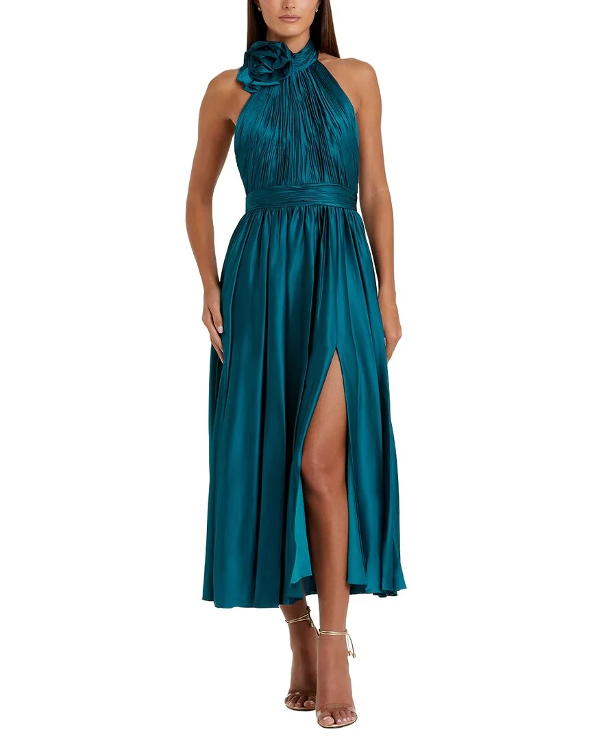 Mac Duggal Pleated Charmeuse High Neck Midi Dress by M.A.C.