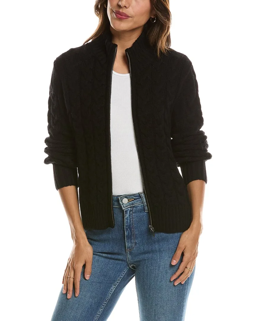 Cable Zip Mock Neck 100% Cashmere Cardigan