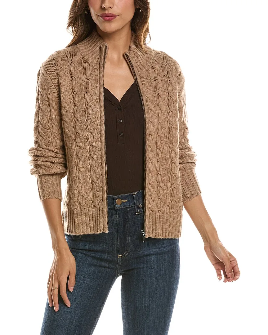 Cable Zip Mock Neck 100% Cashmere Cardigan