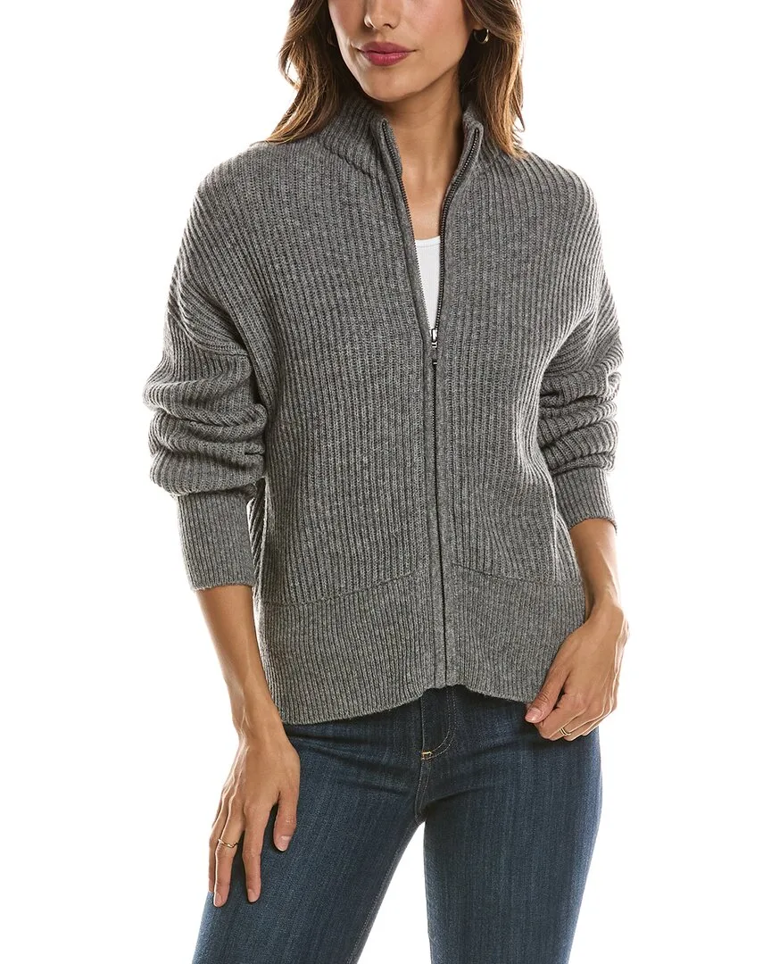 Rib Zip Mock Neck 100% Cashmere Cardigan