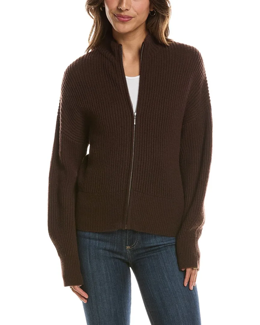 Rib Zip Mock Neck 100% Cashmere Cardigan