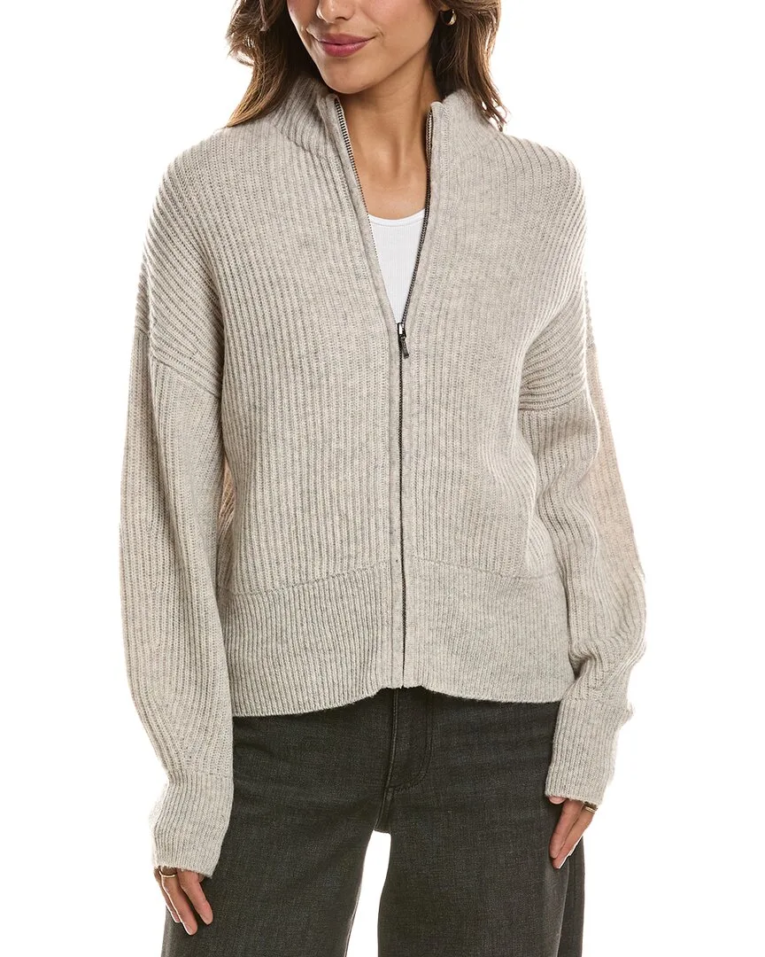 Rib Zip Mock Neck 100% Cashmere Cardigan