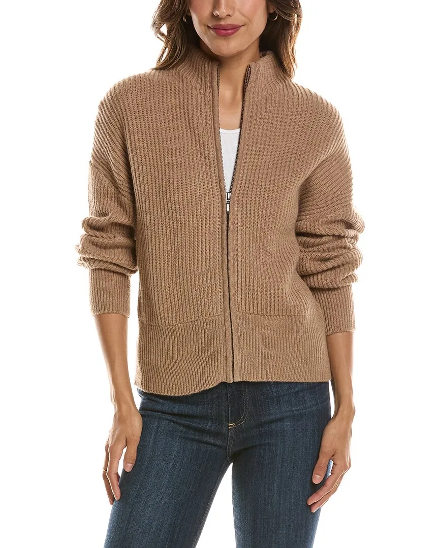 Rib Zip Mock Neck 100% Cashmere Cardigan