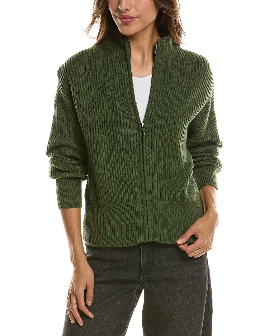 Rib Zip Mock Neck 100% Cashmere Cardigan