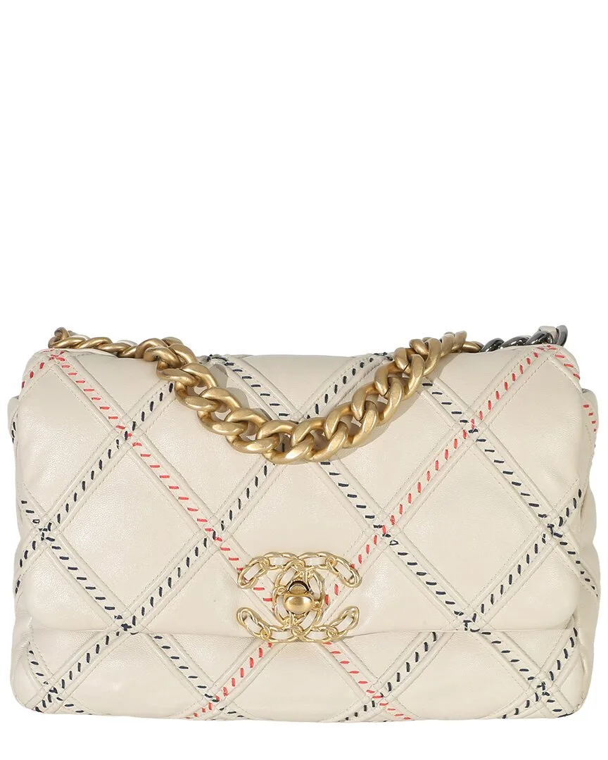 Beige Quilted Lambskin Medium 19 Flap Bag (authentic Pre-Loved)