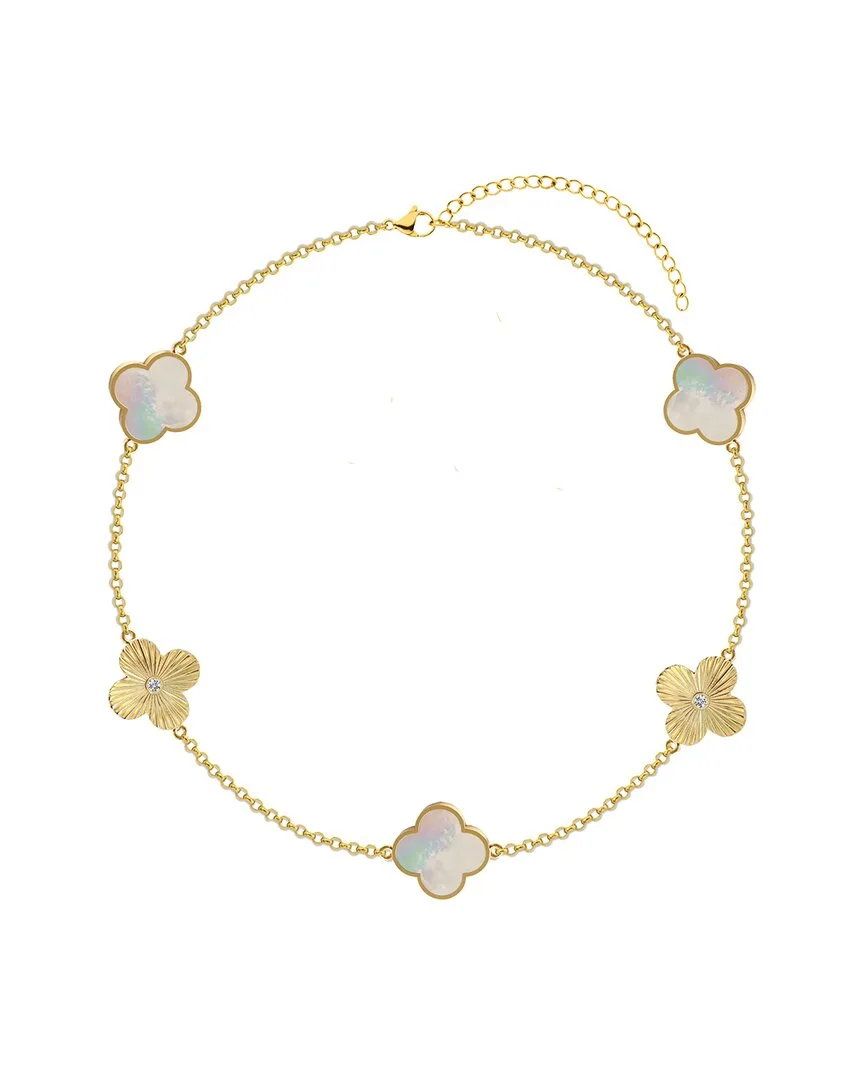 14K Over Silver 10Mm Pearl Cz Clover Dual-Sided Bracelet by Gabi Rielle
