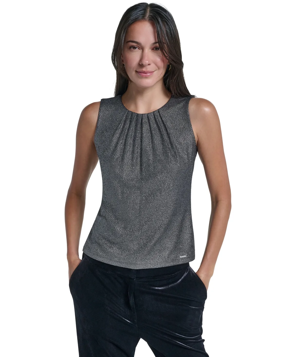 Sleeveless Pleated Crewneck Blouse by Calvin Klein