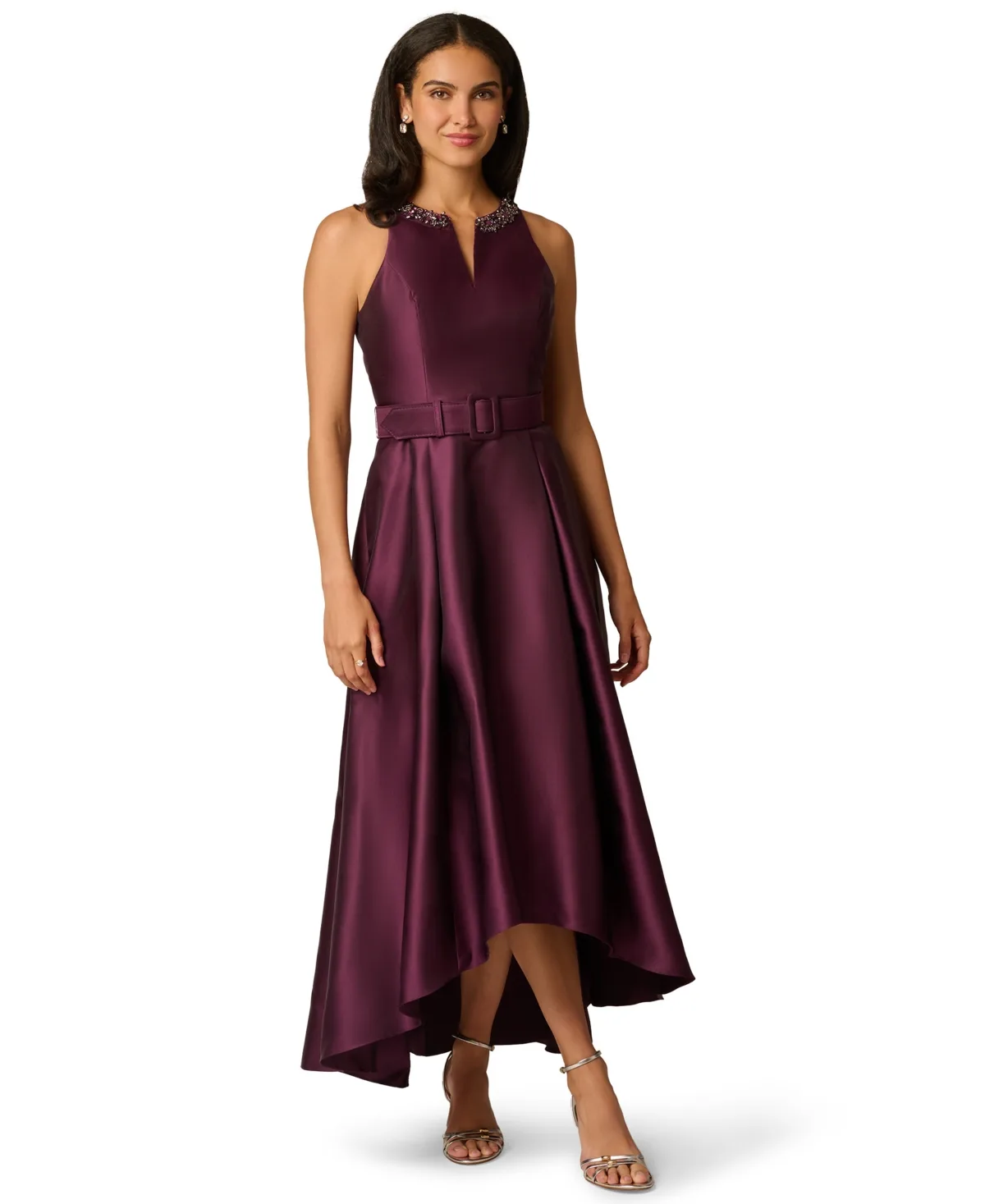 Mikado High-Low V-Neck Beaded Dress by Adrianna Papell