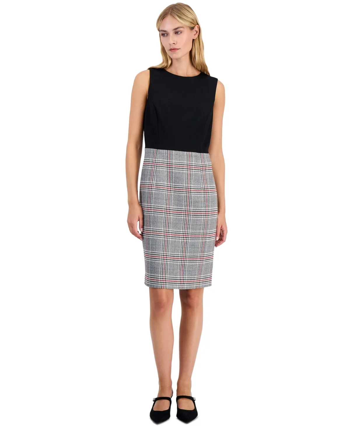 Sleeveless Compression Plaid Princess Seam Sheath Dress by Kasper