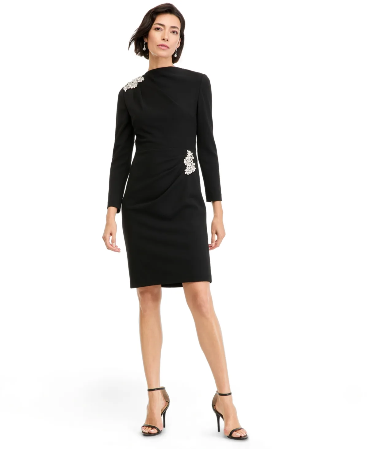 Draped Crystal Embellished Sheath Scuba Crepe Cocktail Dress by Anne Klein