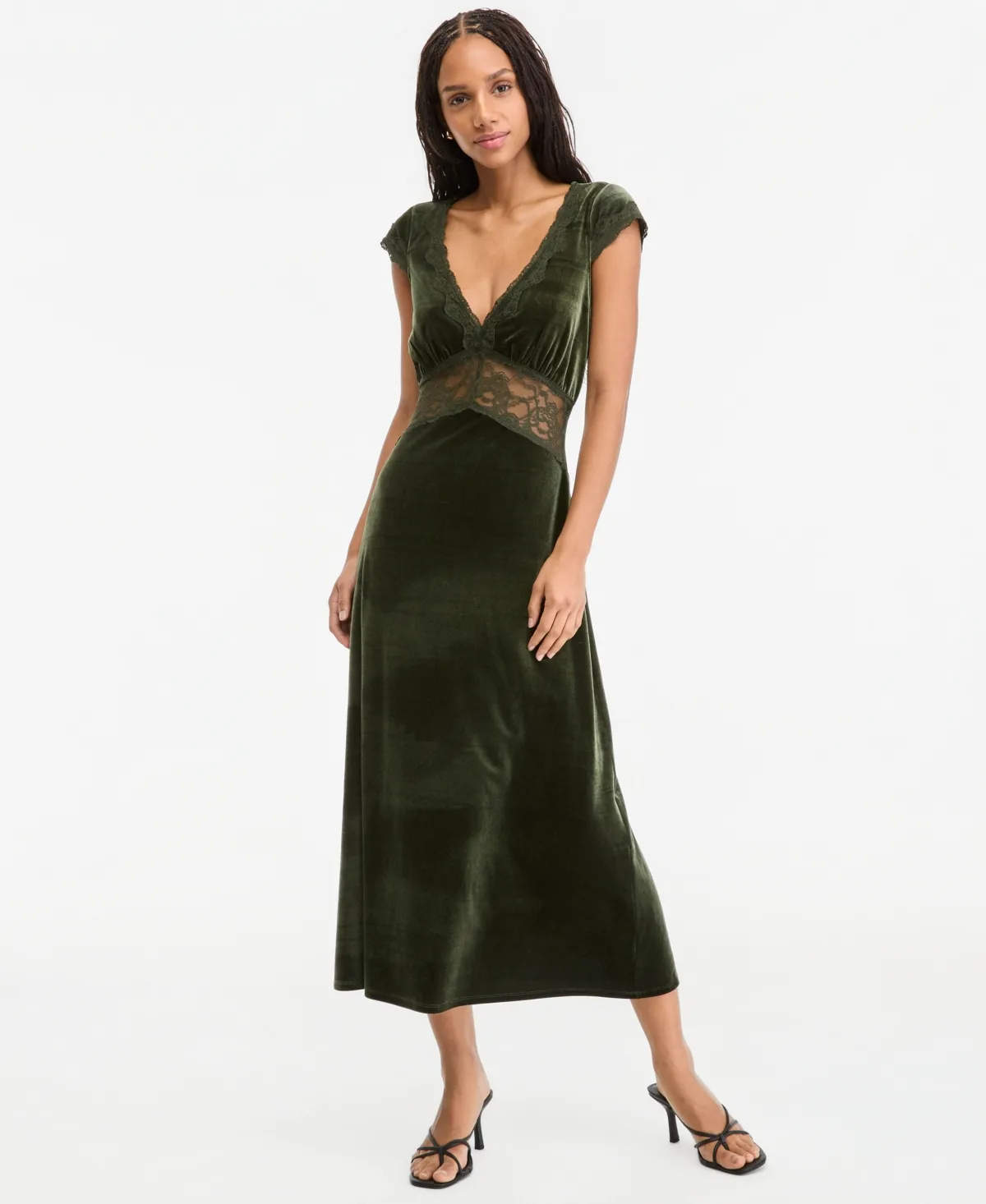 Flutter-Sleeve Velvet Lace-Trim Midi Dress