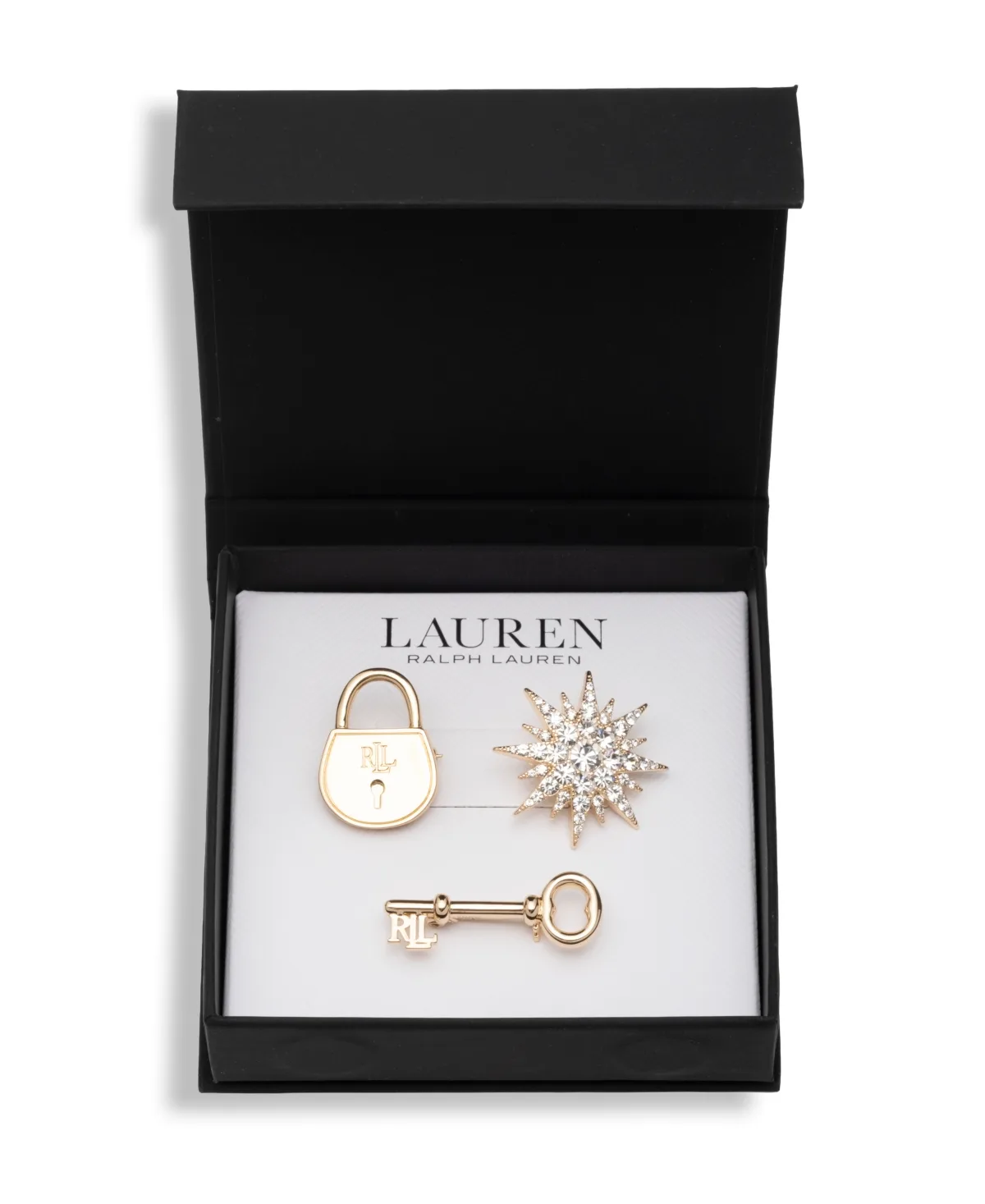 Lauren Ralph Lauren Glass Crystal Gold-Tone Logo Lock Trio Pin Brooch, 3-Piece Set by Ralph Lauren