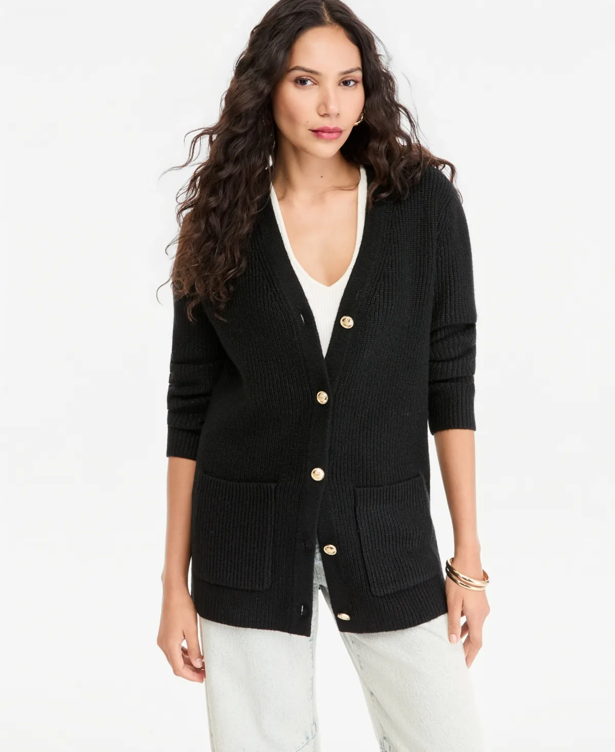 Metallic Ribbed-Knit Long-Sleeve Cardigan by INC International Concepts