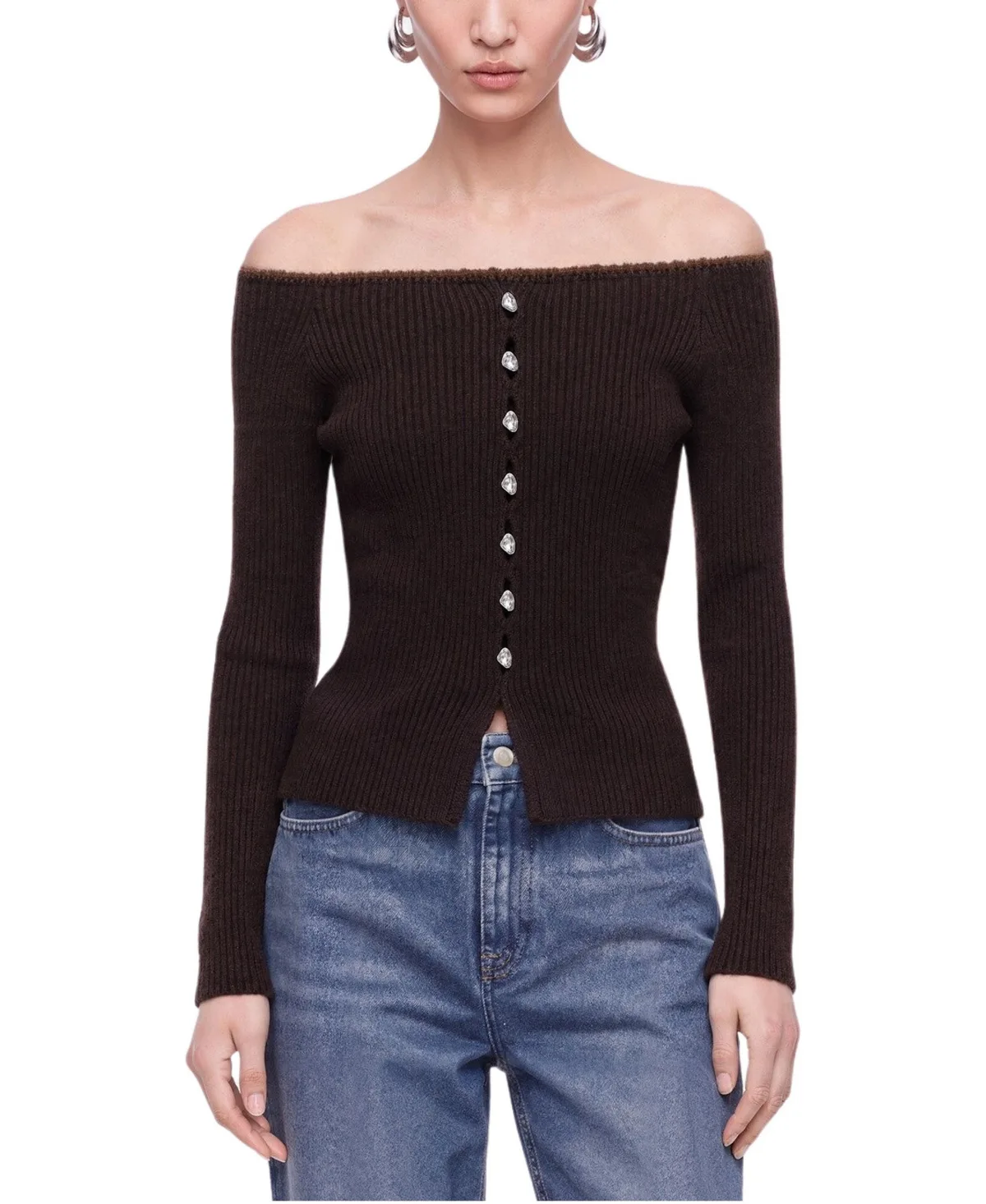 Off-Shoulder Ribbed Knit Long-Sleeve Cardigan by Nocturne