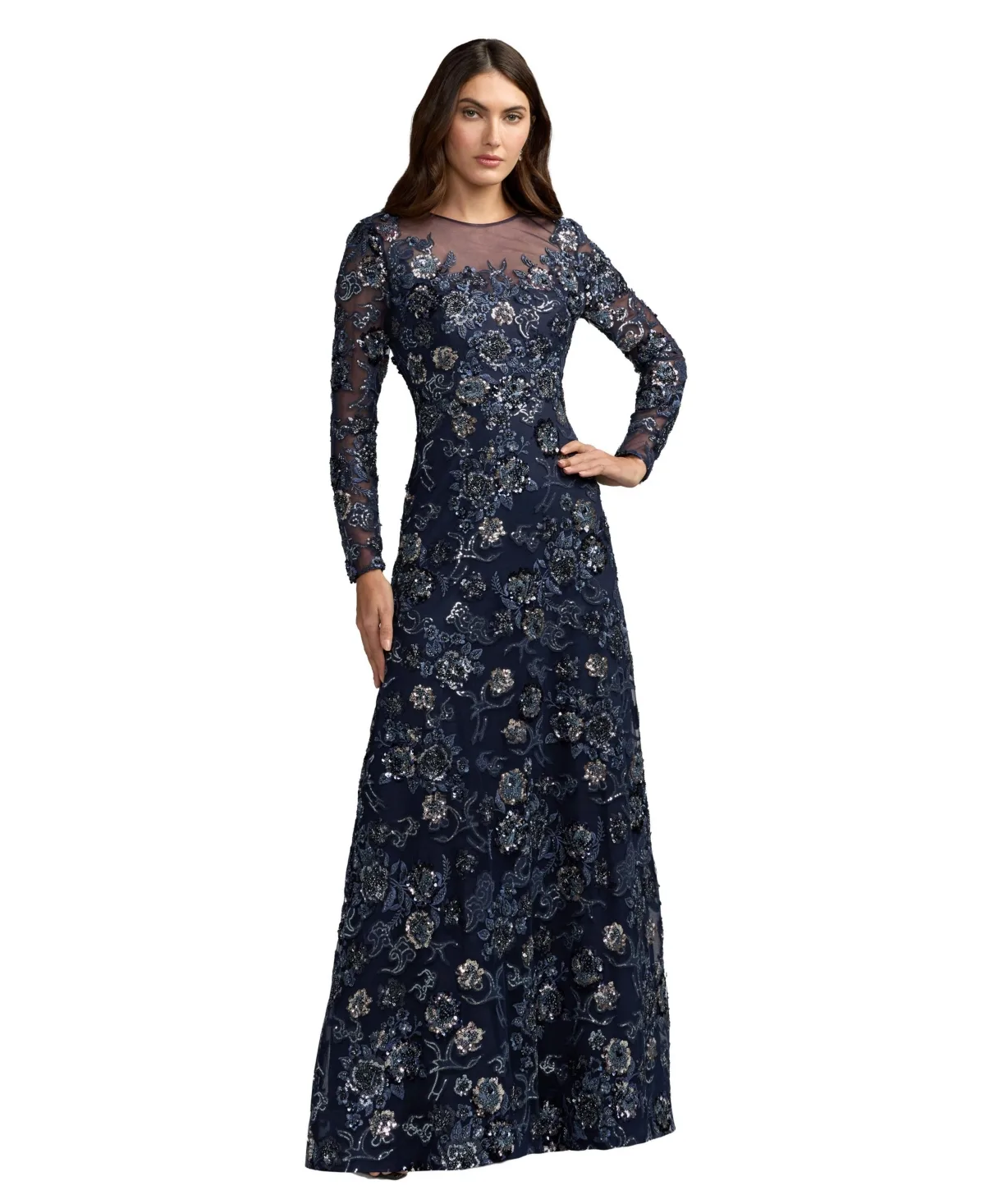 Mac Duggal Floral Embellished Mesh A-Line Gown