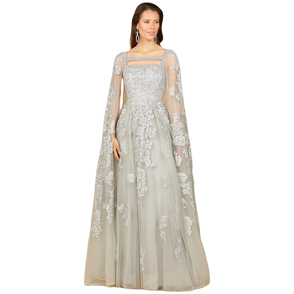 Lace Gown with Long Cape Sleeves