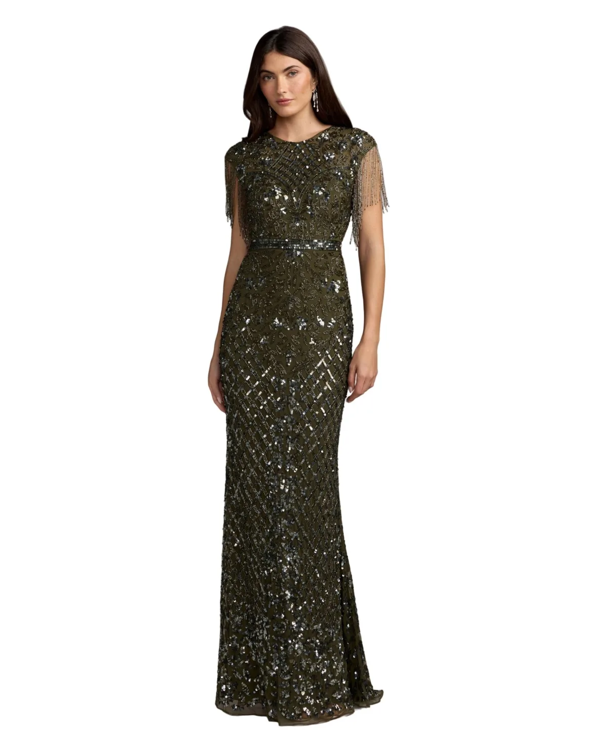 Mac Duggal High Neck Beaded Fringe Fitted Gown