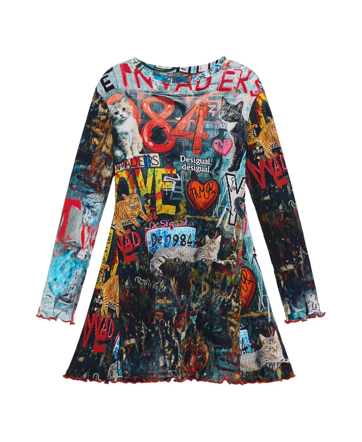 Long-Sleeve Graphic-Print Fit & Flare Cotton-Blend Dress by Desigual