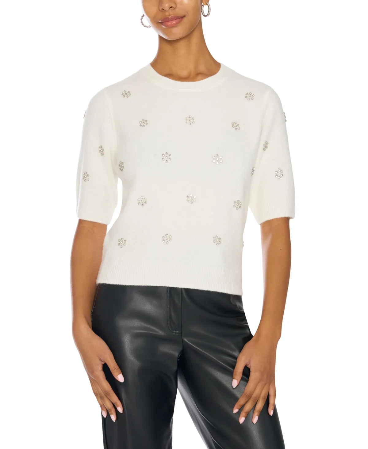 Embellished Crewneck Short-Sleeve Sweater by Vince Camuto