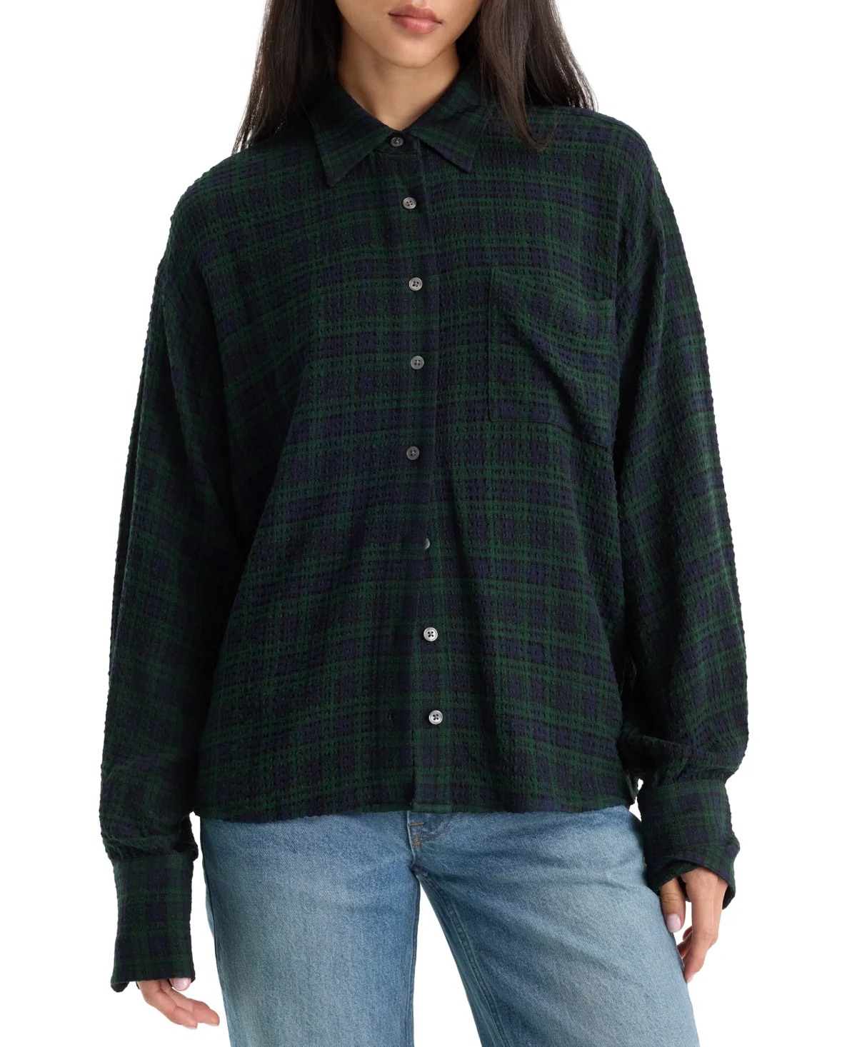 Crinkle Easy Plaid Collared Shirt by GOOD AMERICAN