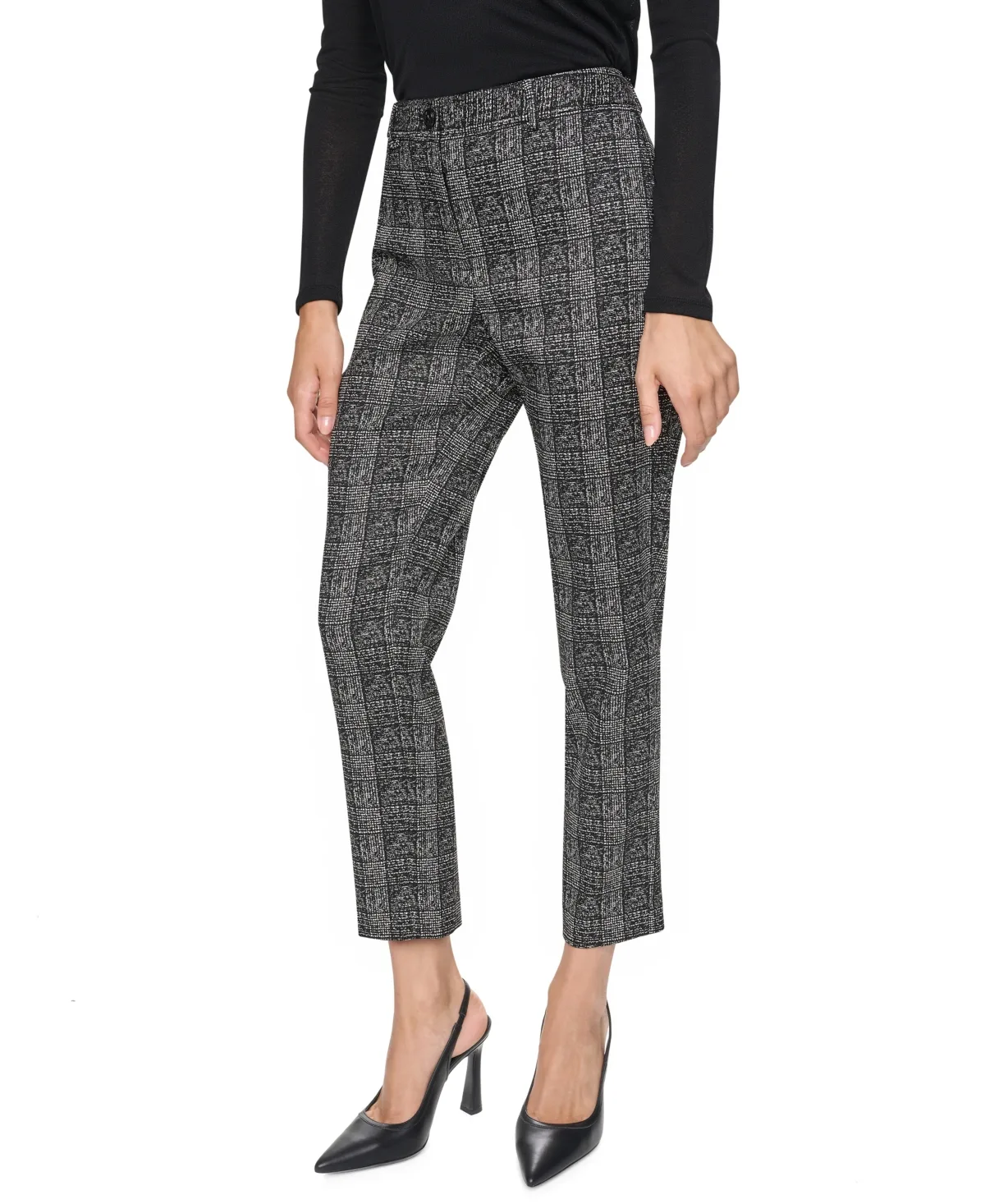 Downtown Plaid Faux Leather Trim Ankle Pants by DKNY