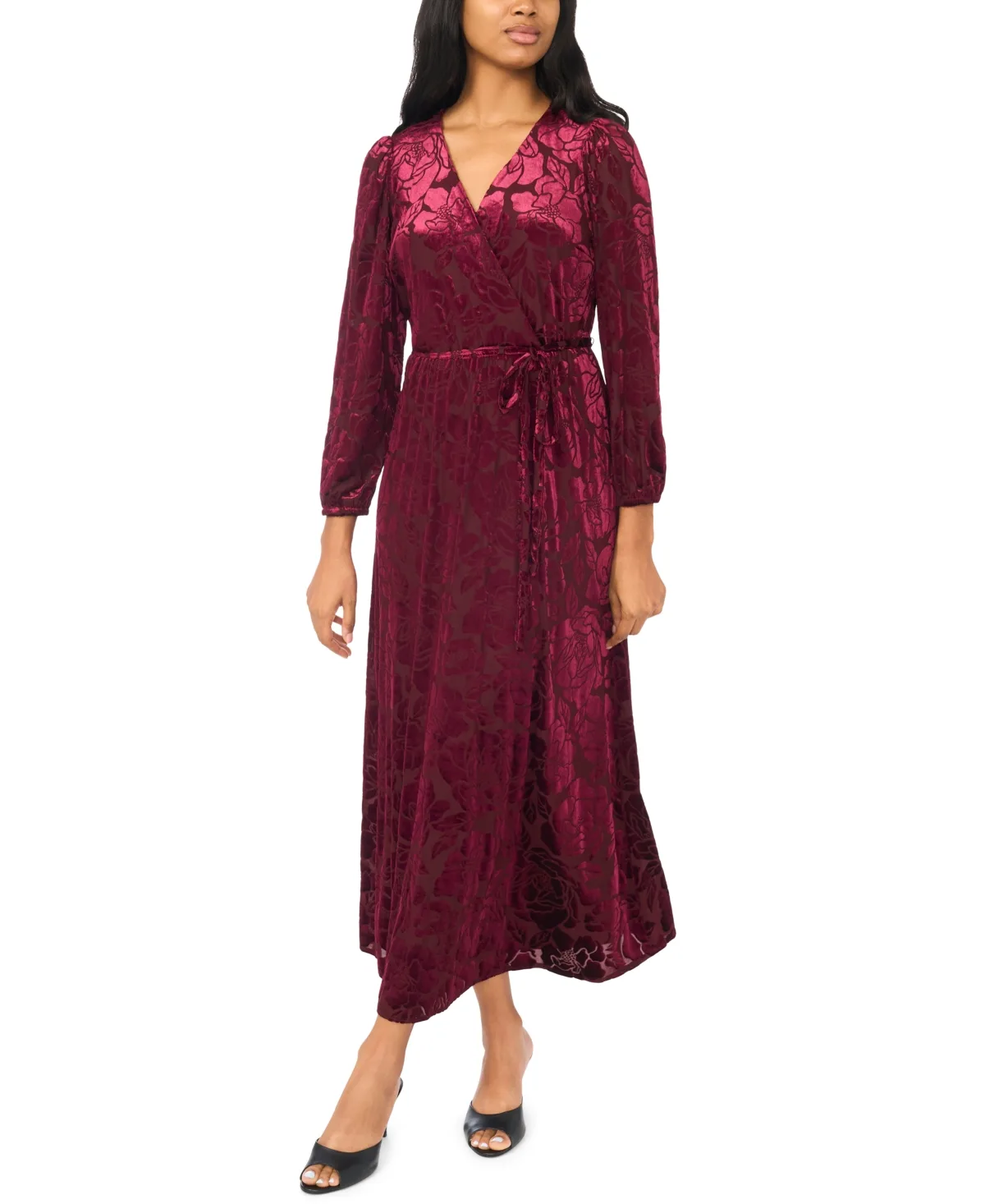 Floral Long-Sleeve Velvet Burnout V-Neck Wrap Maxi Dress by Msk