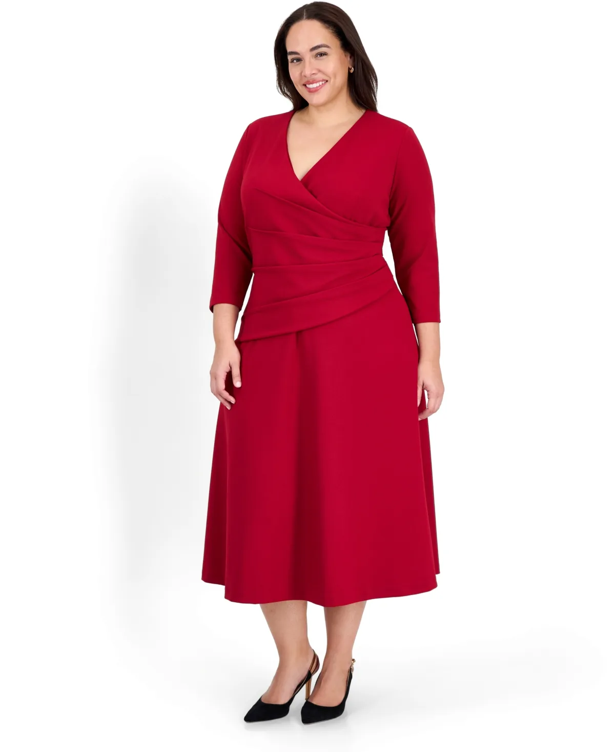 Side Ruche V-Neck 3/4-Sleeve Ruched Midi Dress