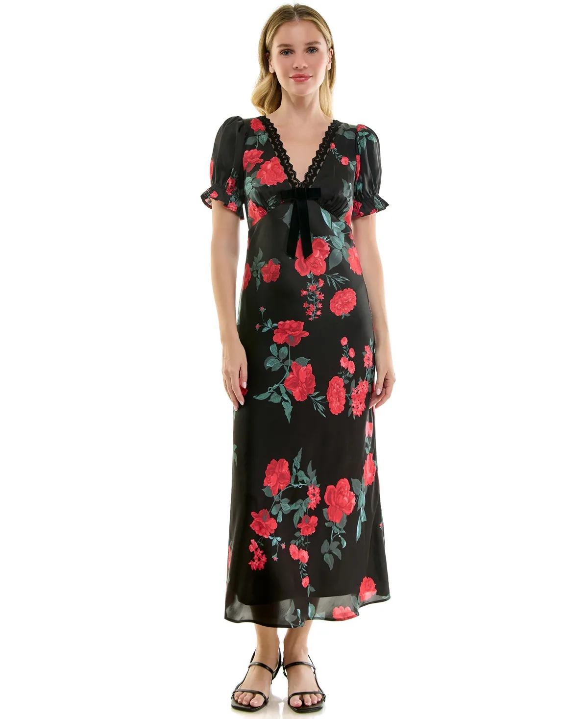 V-Neck Flutter-Sleeve Velvet Bow Midi Dress by Row a