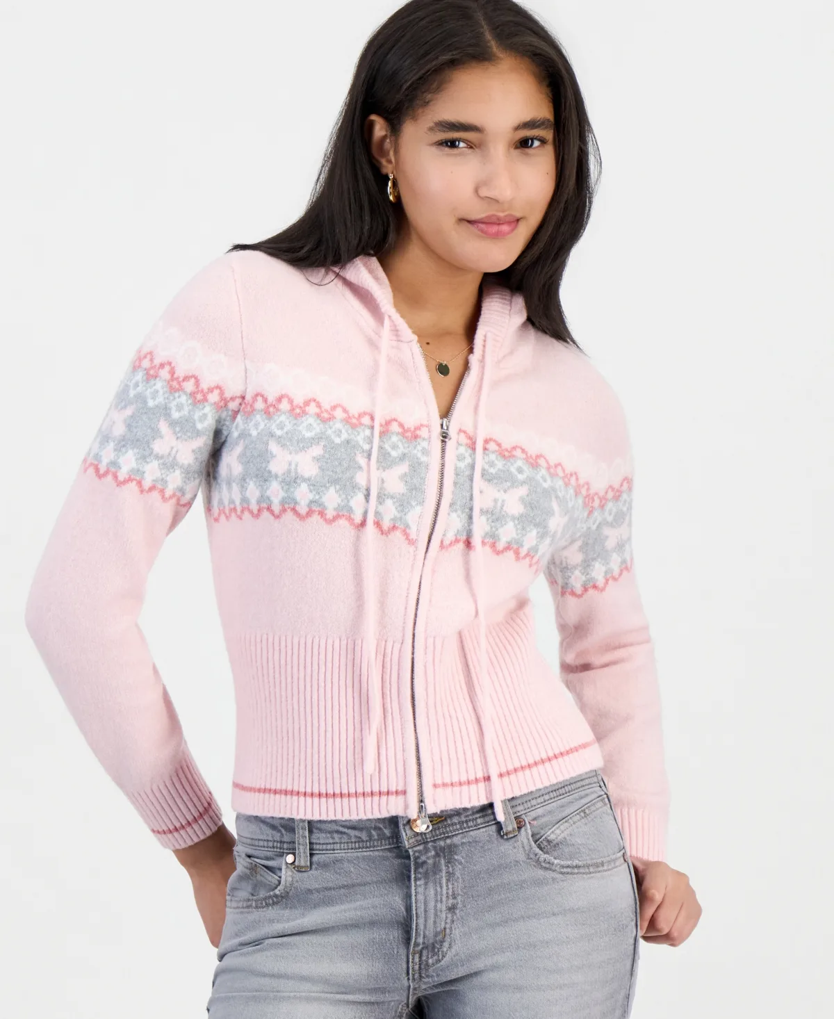 Fair Isle Double Zip Hooded Cardigan by Madden Girl