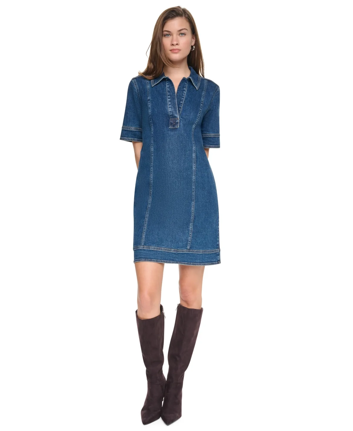 Seamed Collared Neck Denim Trapeze Mini Dress by DKNY