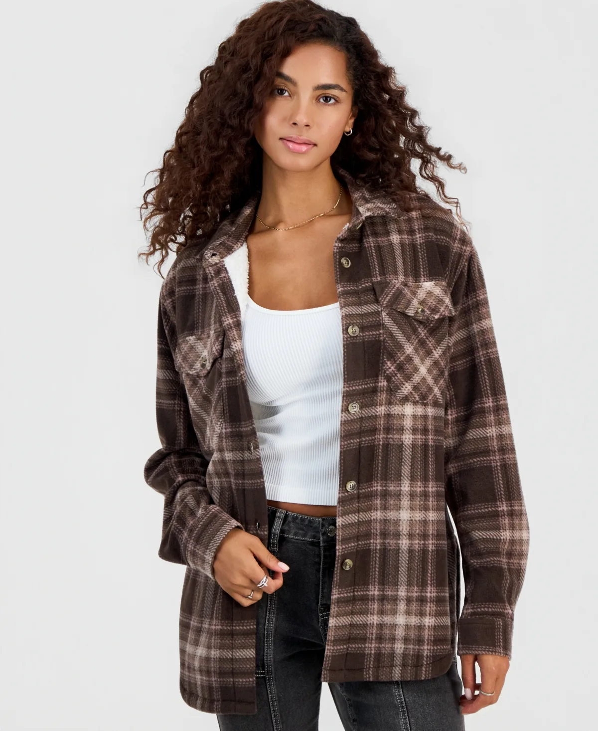 Sherpa Lined Plaid Shacket by Just Polly